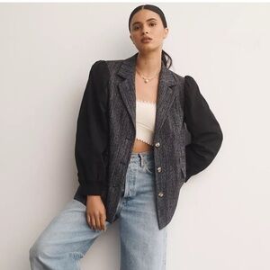 Anthropologie Maeve Mixed Media Relaxed Black Tweed Puff Blazer Jacket size 10